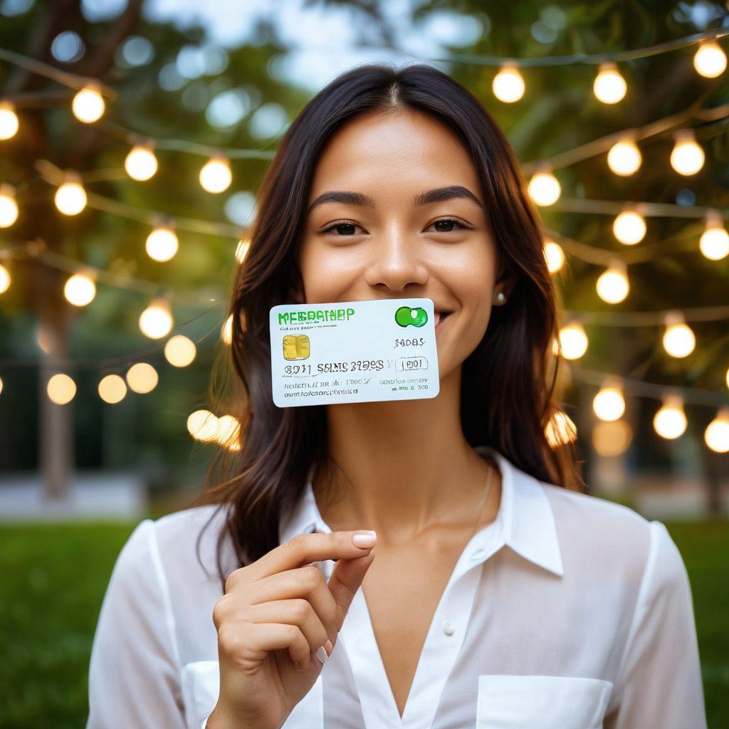 A joyful individual holding an elegant membership card, surrounded by sparkling lights and floating symbols of benefits like discounts, exclusive offers, and happiness. The background features a serene landscape with lush greenery, suggesting a blissful escape. The overall atmosphere should evoke a sense of luxurious enjoyment and fulfillment. vibrant colors. soft focus. super-realistic.