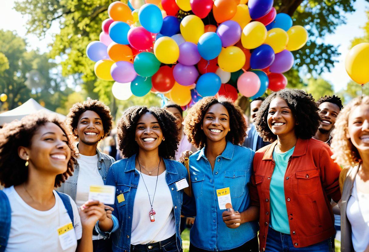 A vibrant and inviting scene featuring a diverse group of people joyfully showcasing their ID and membership cards in a colorful park setting. Bright balloons, confetti, and smiling faces create an atmosphere of celebration and inclusion, with the sun shining down and trees in bloom. This captures the essence of unlocking happiness through community and identity. super-realistic. vibrant colors. soft-focus background.