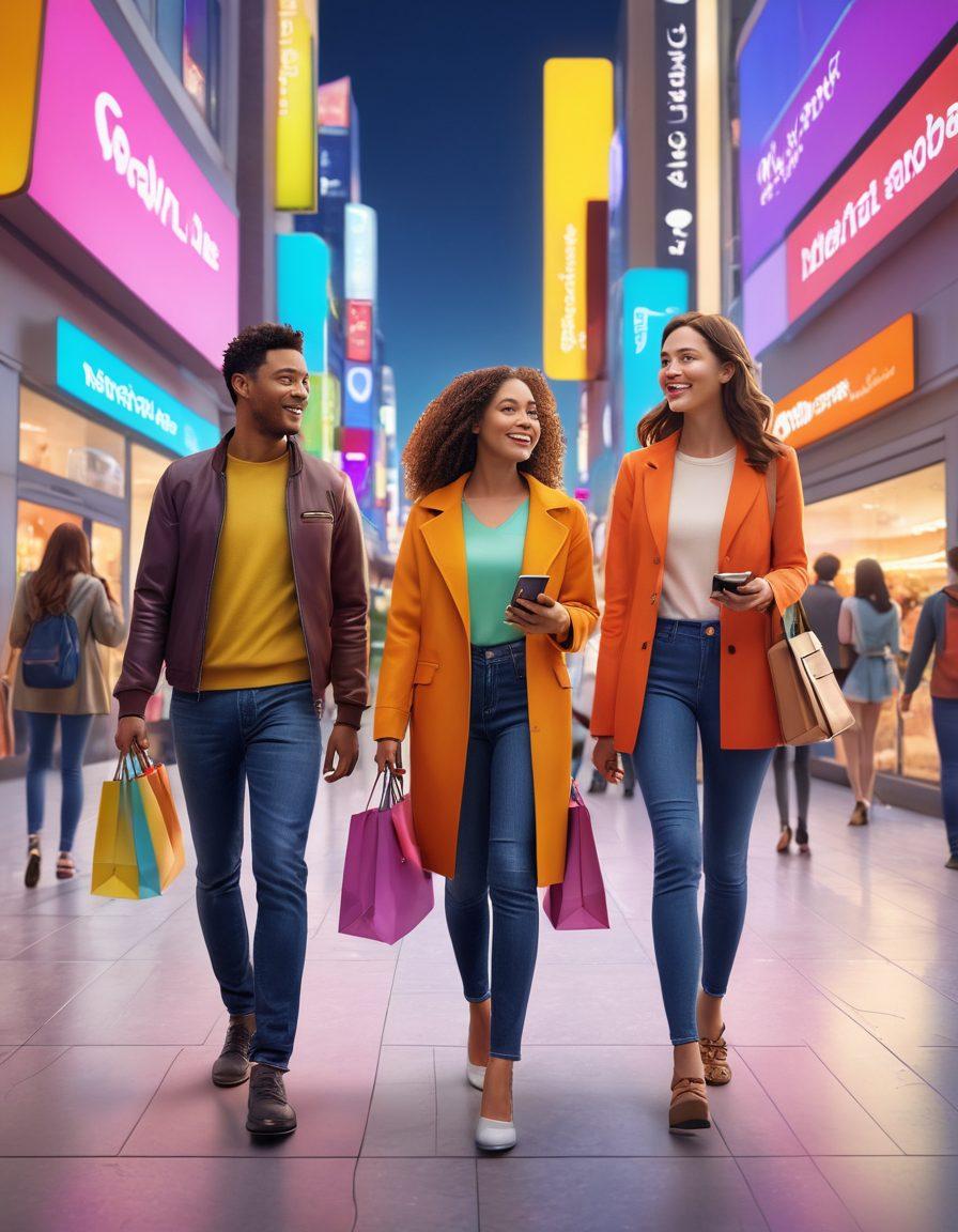 A vibrant, modern scene depicting a diverse group of people happily using smart IDs in daily life, showcasing transformations in their activities such as shopping, traveling, and accessing events. Include digital interfaces glowing with innovation and a sense of community; bright colors and a futuristic city backdrop. super-realistic. vibrant colors. 3D.